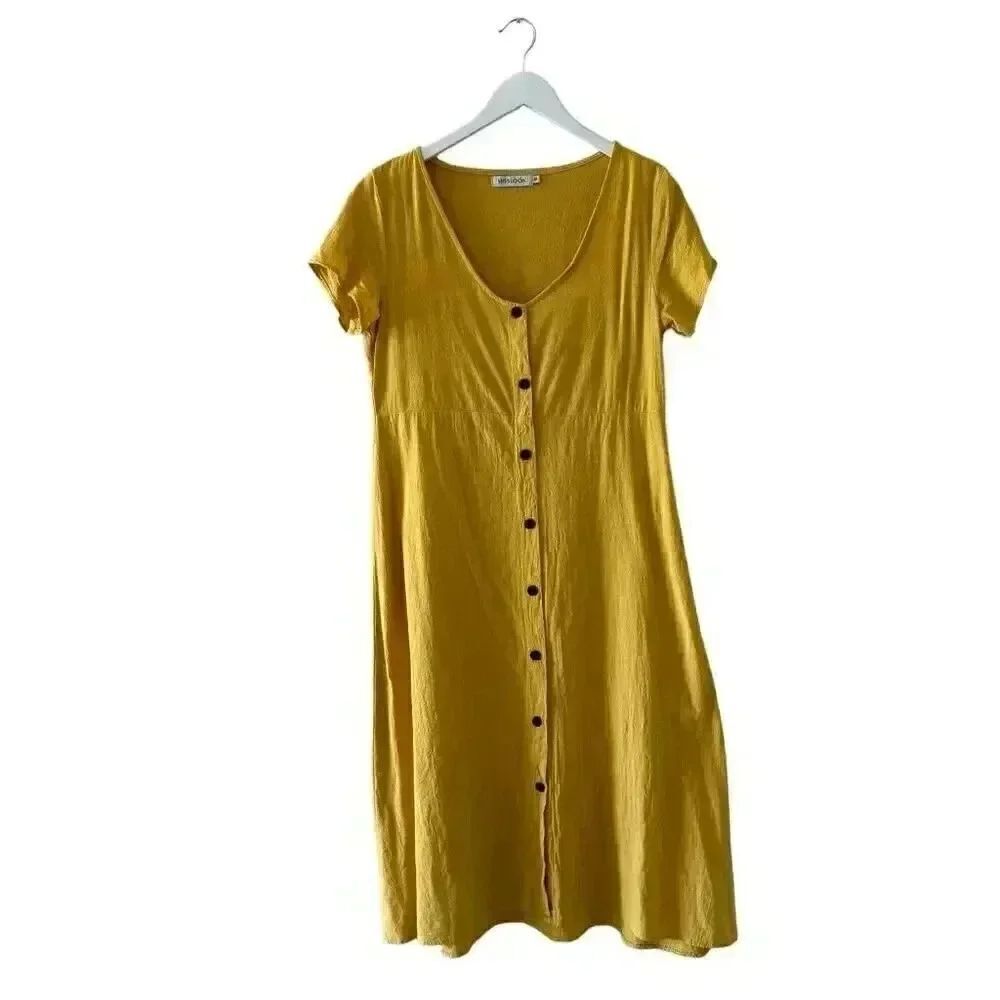 Misslook Midi Dress Mustard Button Up V-Neck Lightweight Short Sleeve SZ M#2190